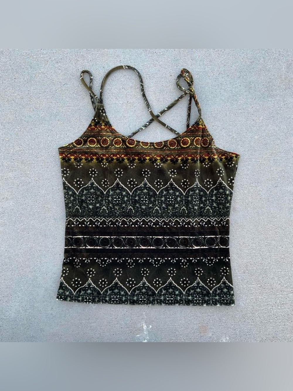 Vintage Timing Boho Patterned Strappy Cami Tank Top - Olive Multi